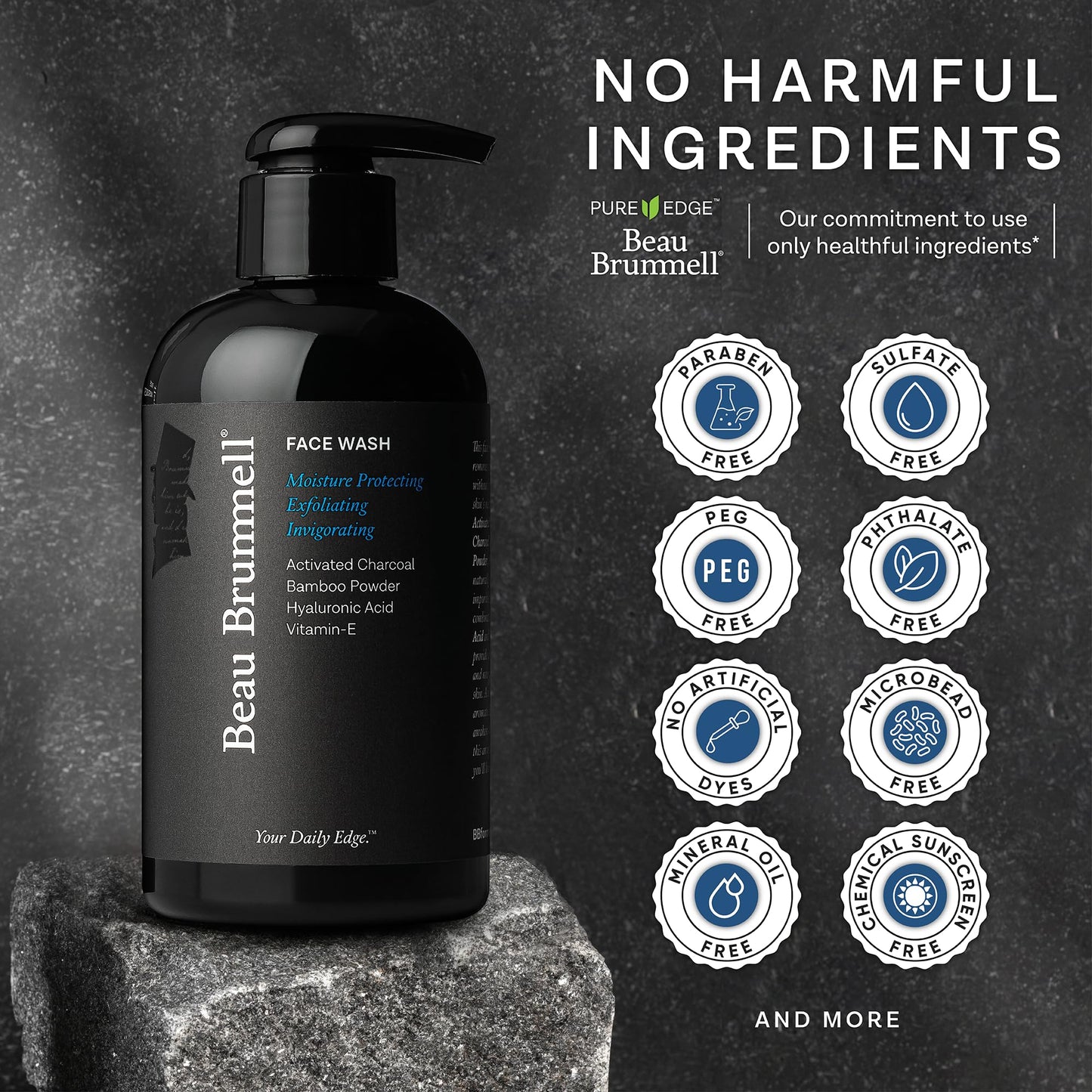 Beau Brummell for Men's Activated Charcoal Face Wash | Gentle Exfoliating Cleanser with Hyaluronic Acid, Bamboo Powder, Marine Plankton Extract, Vitamins A & E | 8 fl oz, Made in USA