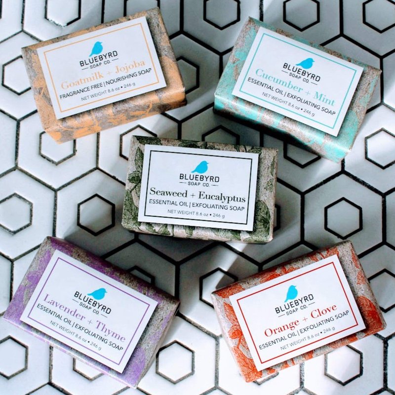 BLUEBYRD Soap Co. 5-Pack Variety Set Exfoliating Essential Oil Soap Bars | 100% Vegan Natural Bar Soap Gift | Cucumber Mint, Goat Milk Jojoba Oil, Lavender Thyme, Orange Clove, Seaweed Eucalyptus(SET)