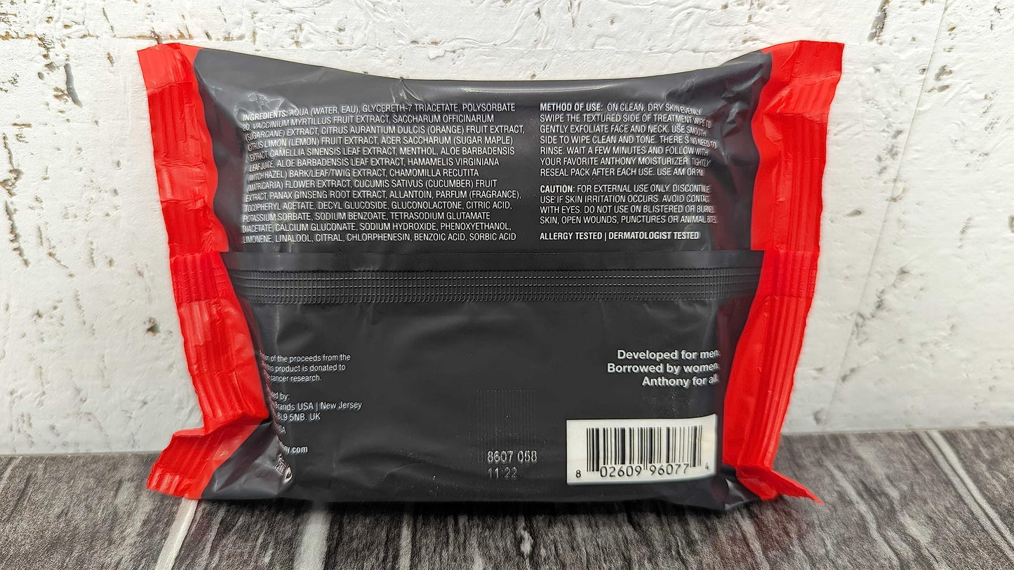 Anthony Glycolic Exfoliating & Resurfacing Wipes – Men’s Cleansing Face Cloths to Clean and Brighten Complexion – Gentle Pore Refining for Normal, Oily or Sensitive Skin – 30 Sheets per Bag