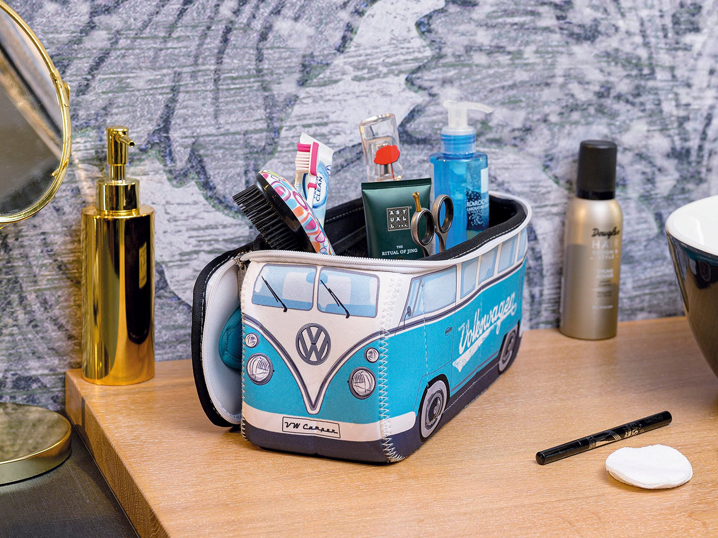 BRISA VW Collection - Volkswagen Neoprene Universal Makeup Cosmetics Toiletry Travel Pharmacy Bag in T1 Bus Design (Turquoise) (Large (11.8 x 5.5 x 4.7 inches))