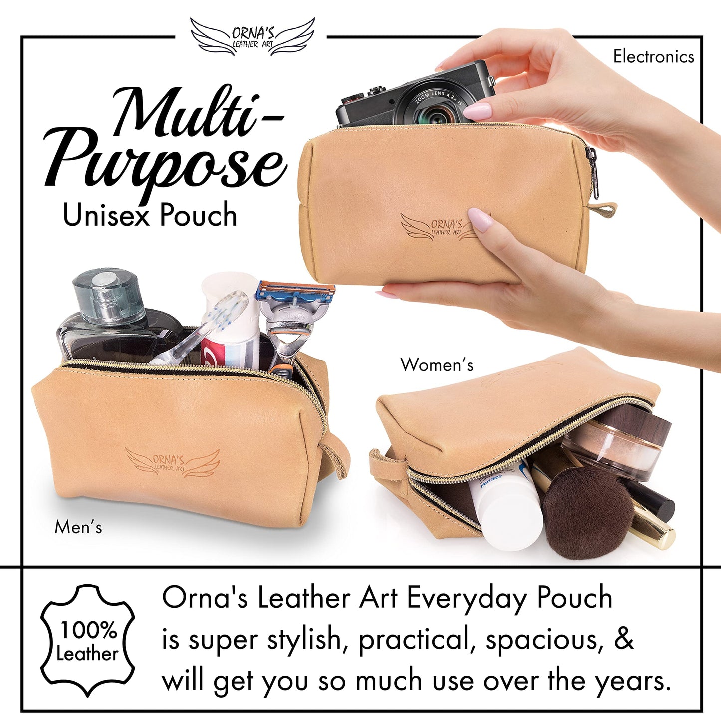 ORNA'S LEATHER ART WOODPECKER UNISEX SAND POUCH: Real Cowhide Men’s Women’s Tan Portable Toiletry Makeup Travel Case, Stylish, Handcrafted, Spacious, Zipper Close