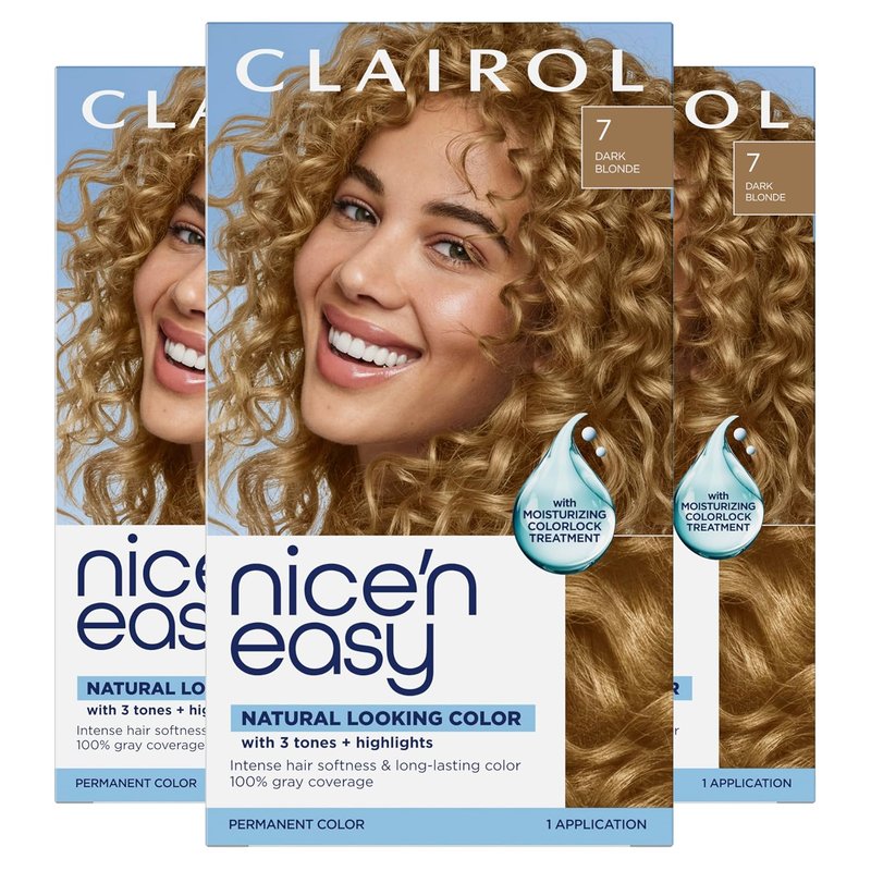 Clairol Nice'n Easy Permanent Hair Dye - 7 Dark Blonde | 100% Gray Coverage & Natural Shine | Pack of 3
