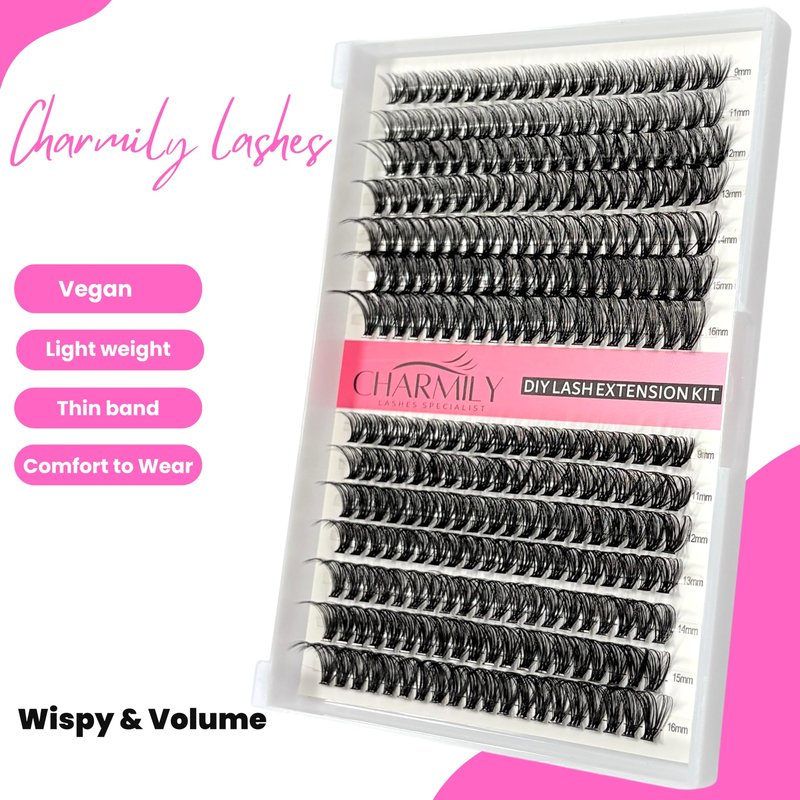 Charmily DIY Lash Extension Kit - 280pcs Lashes Clusters 0.07D 40D+50D Mix, 9-16mm D Curl Soft Wispy Lash Clusters with Bond, Seal, Remover & Tweezers for Easy at-Home Application Natural Look
