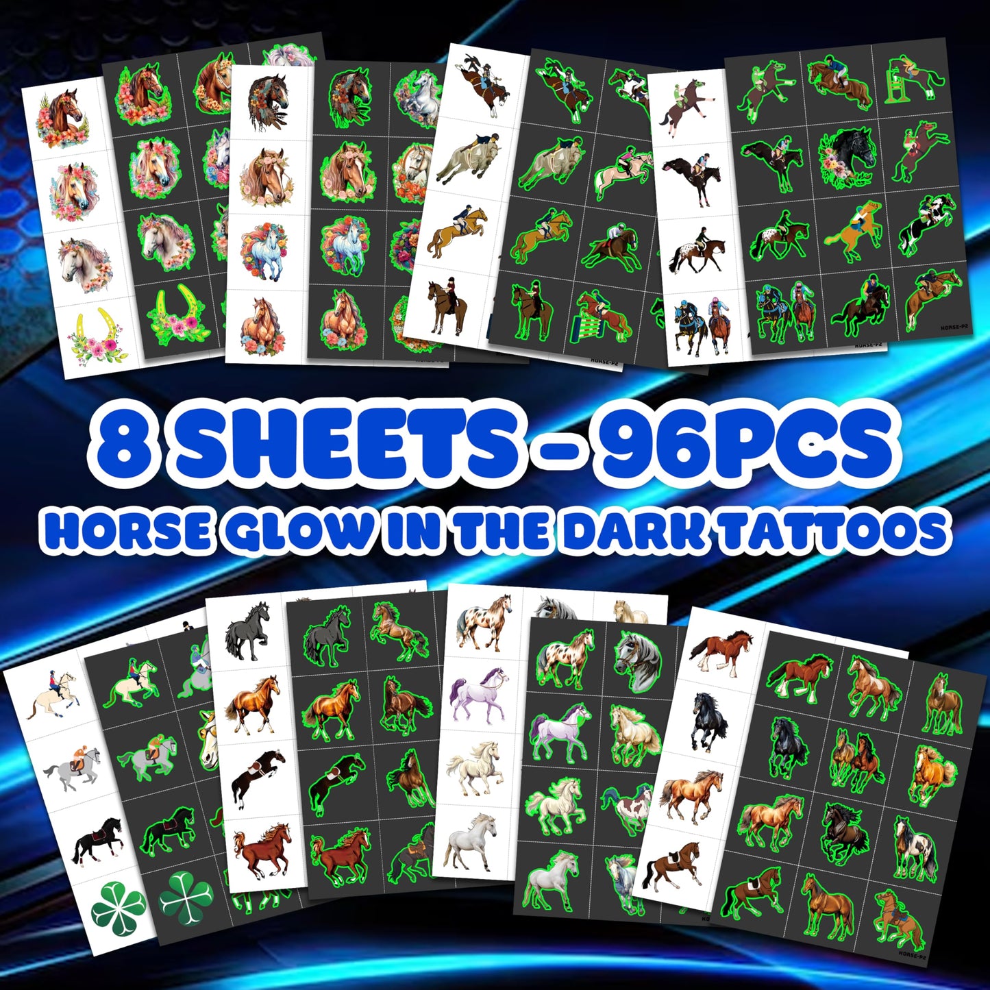 96 PCS Floral Cowgirl Horse Derby Pre-Cut Temporary Tattoos Birthday Party Favors Decorations Supplies Stickers Racing Pink Wild Horse Rodeo Cowboy Girls Boys Men Gift School Prizes Rewards (Luminous)
