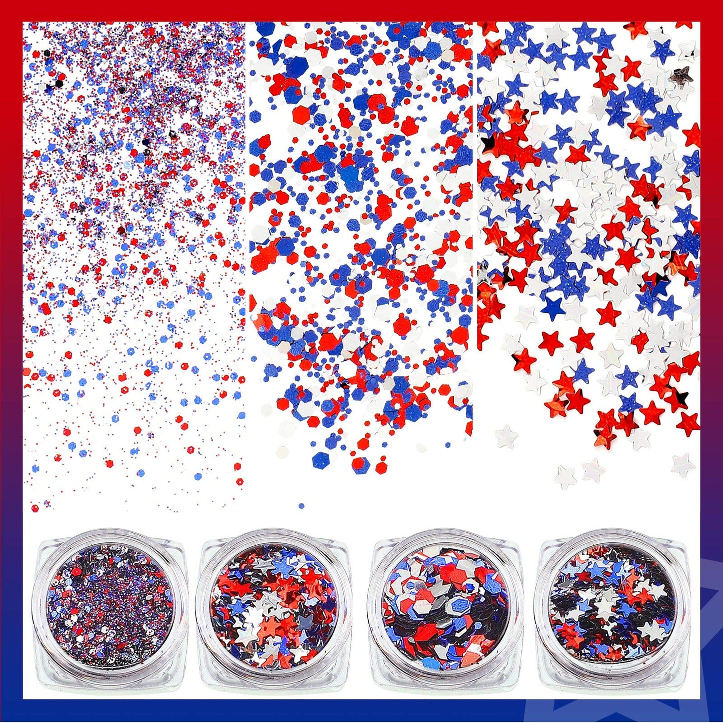 12 Boxes 4th of July Nail Glitter Independence Day 250th Anniversary Patriotic Nail Art Star Sequins Holographic Red Blue Silver Mixed Sparkly Sequins for Women Girls Decoration