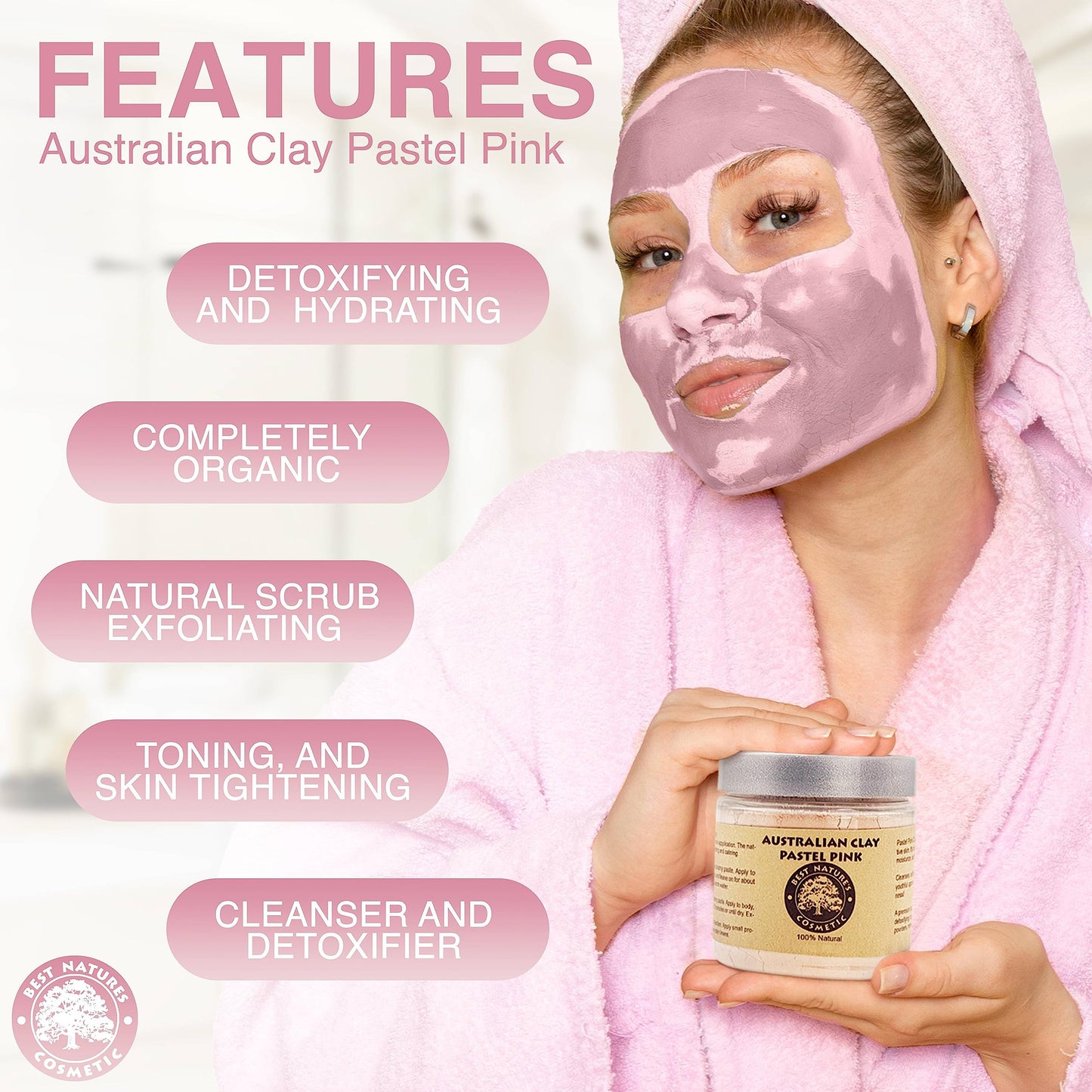 Best Nature's Australian Pastel Pink Clay 100% Pure Natural 8 fl oz - Natural Exfoliating & Detoxifying Facial Scrub - Organic Clay Powder for Face Masks, Body Soaps, Bath Bombs, Makeup, Lotions
