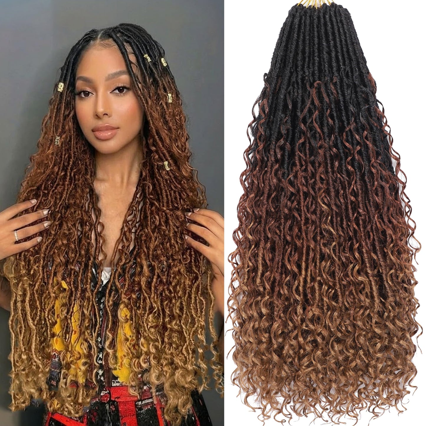 T1 30 27 Goddess Locs Crochet Hair Brown Blonde Ombre Pre Looped Braiding Hair 84 Strands Bohemian Faux Loc Boho Braids 30 Inch River Locs Dreadlocs Hair for Black Women