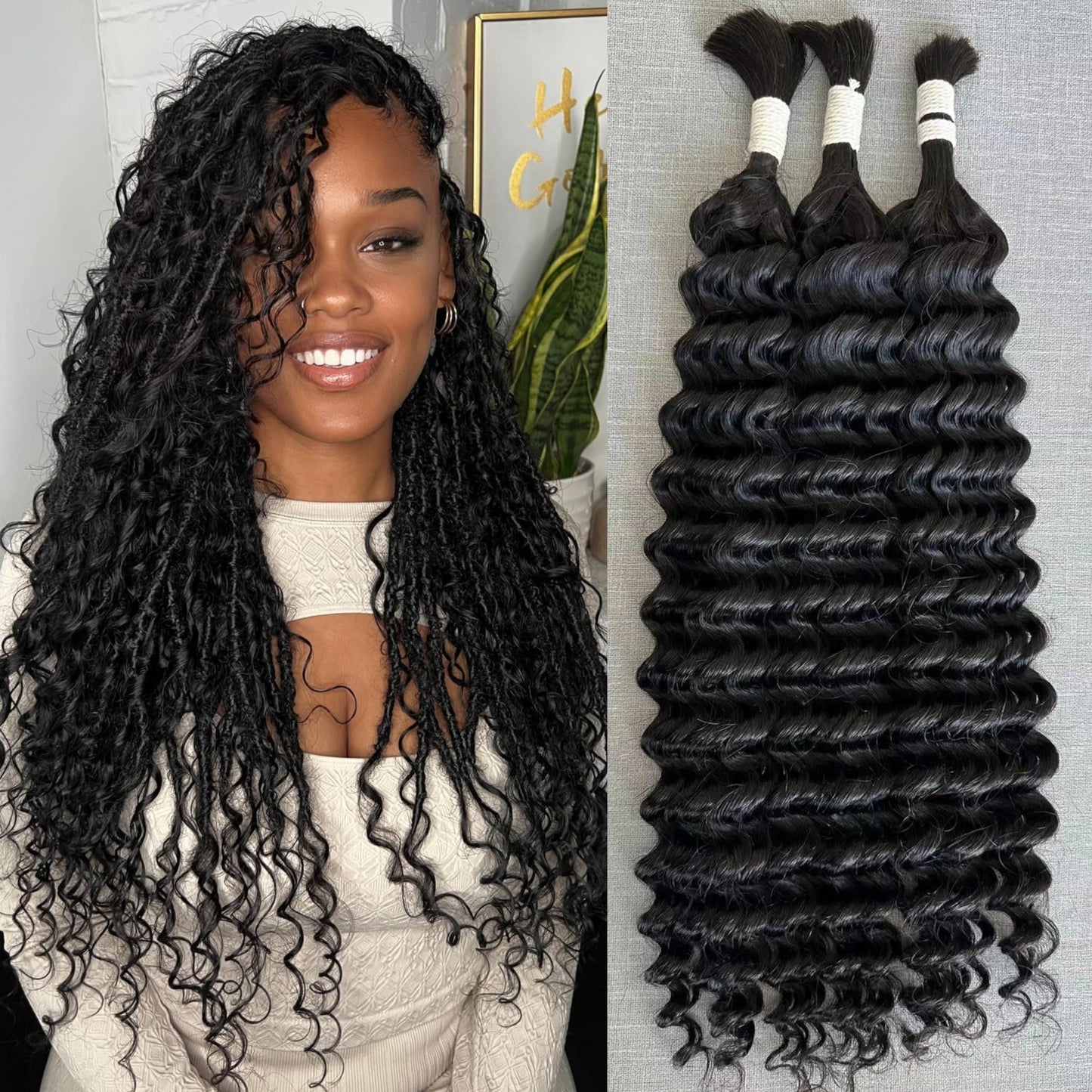 14A Grade High Amplitude Indian Wave Bulk boho braids Human Hair Braiding 100% Brazillian Virgin Hair Extensions 2Bundle/Pack 100g More Density for Micro braiding No Weft (Deep wave, 18inch)