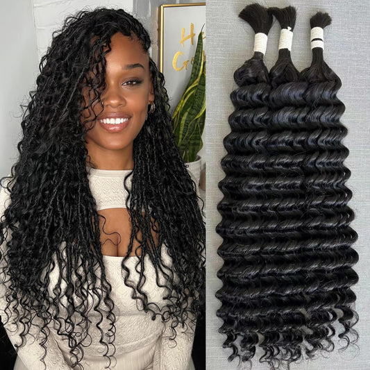 14A Grade High Amplitude Indian Wave Bulk boho braids Human Hair Braiding 100% Brazillian Virgin Hair Extensions 2Bundle/Pack 100g More Density for Micro braiding No Weft (Deep wave, 18inch)