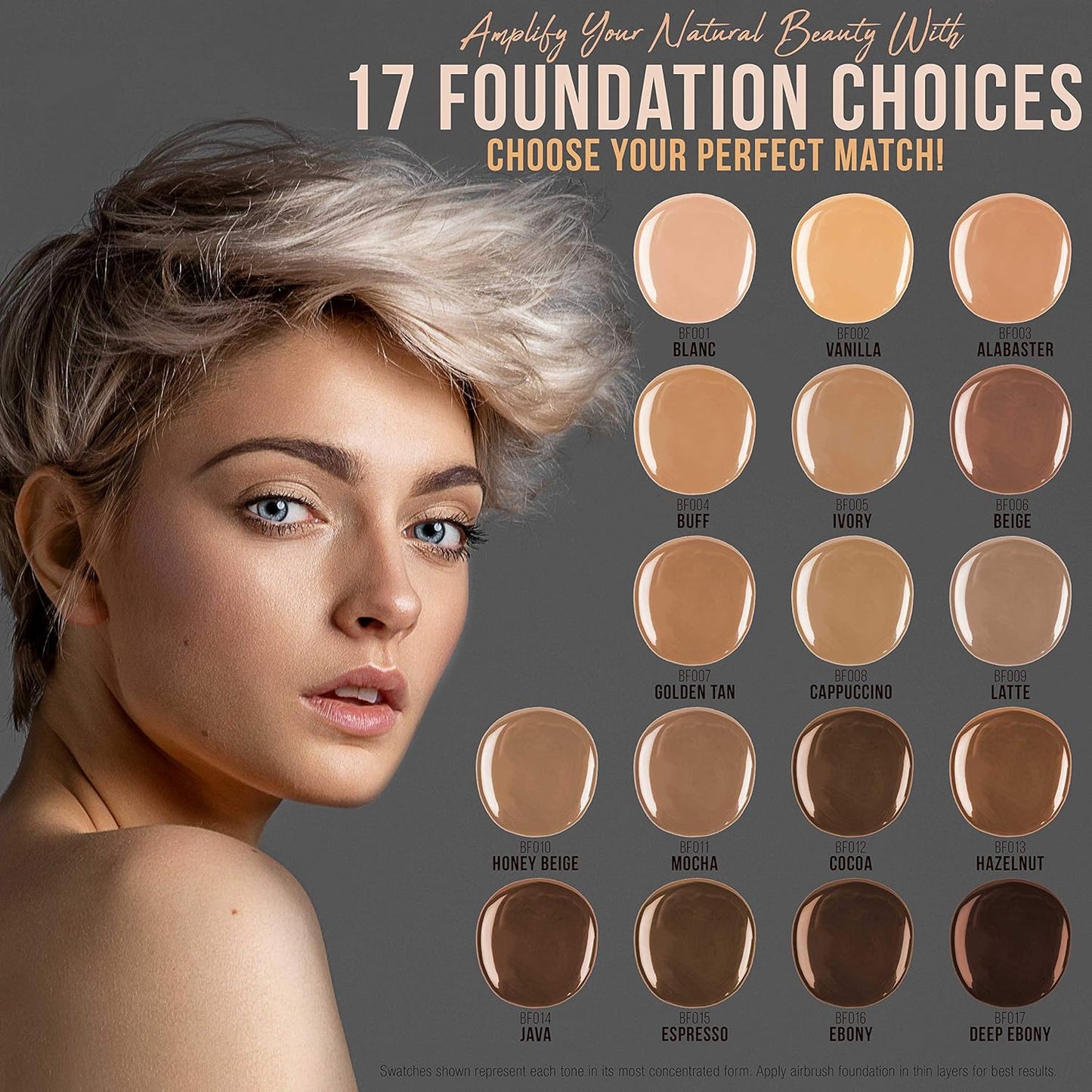 Belloccio Airbrush Foundation Set - All 17 Shades with Moisturizing Primer | 1/2 oz. Bottles