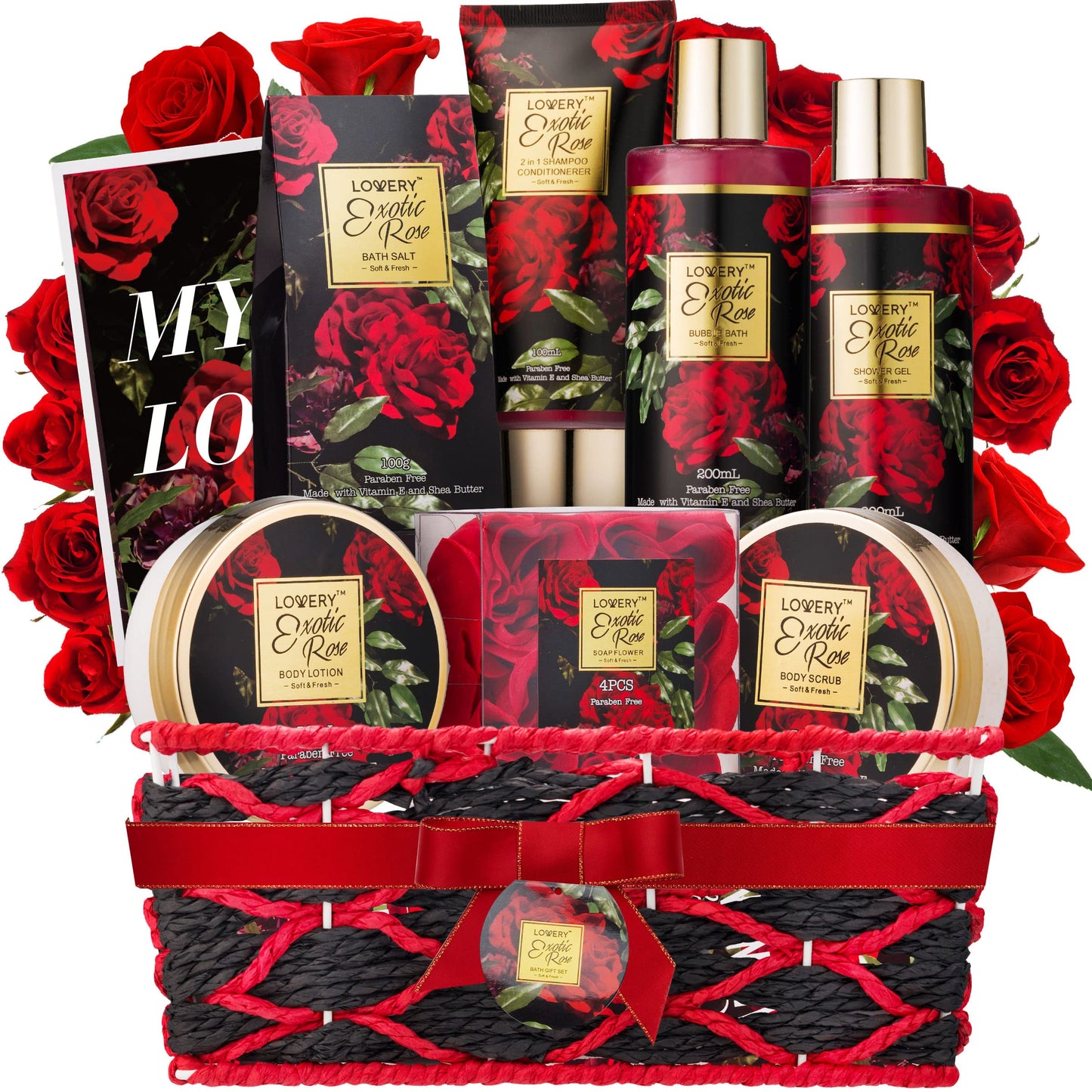 Mothers Day Gifts from Daughter and Son, Spa Bath and Body Gift Set, Exotic Rose Gift Basket for Women & Men, Thank You, Birthday, Mom, Personalized Gifts with Body Scrub, Bubble Bath, Lotion & More
