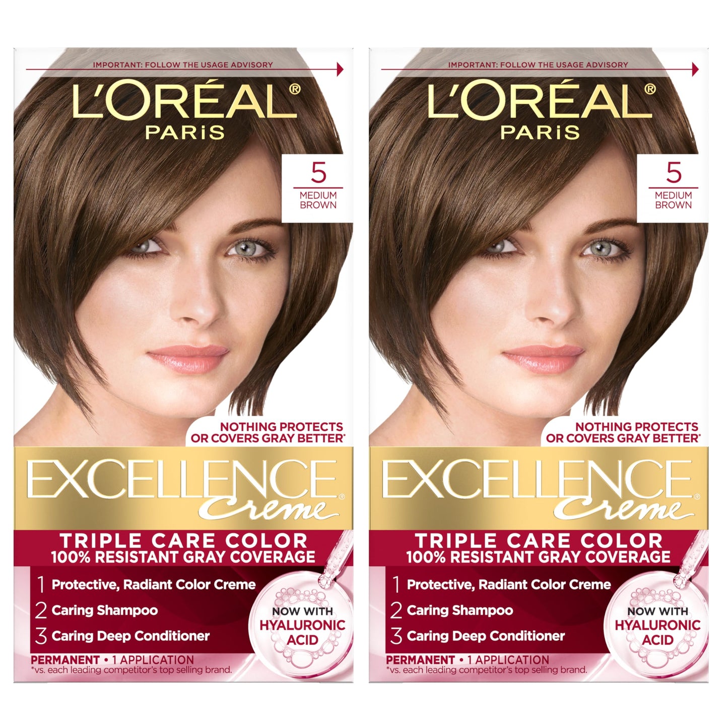 L'Oreal Paris Excellence Crème Permanent Hair Dye, Triple Care Hair Color with Hyaluronic Acid for 100% Gray Coverage, 5 Medium Brown, 1 Kit (Pack of 2) (Packaging May Vary)
