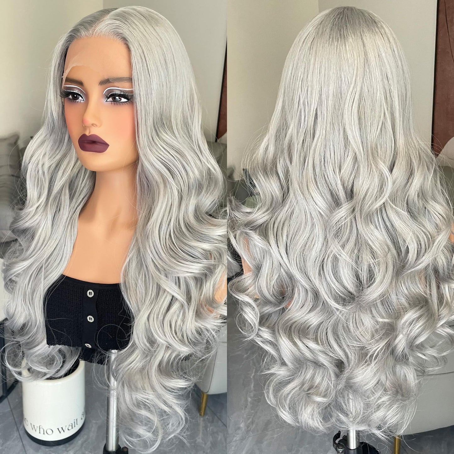 ZAVIDE Grey Body Wave Lace Front Wig Synthetic Platinum Silver Middle Part Transparent Lace Long Curly Wig For Women
