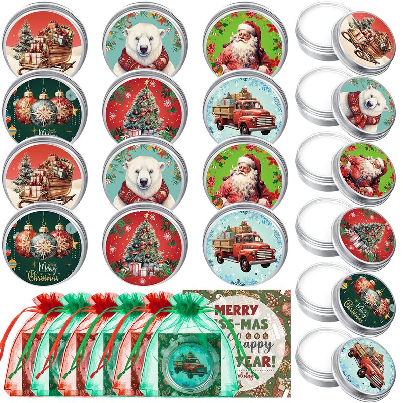 Heigble 48 Set Canned Christmas Lip Balms Set Round Honey Christmas Moisturizing Moisturizer Lip Care Balm Party Favors with Bag Card for Xmas Holiday Stocking Stuffers Employee Appreciation Gifts