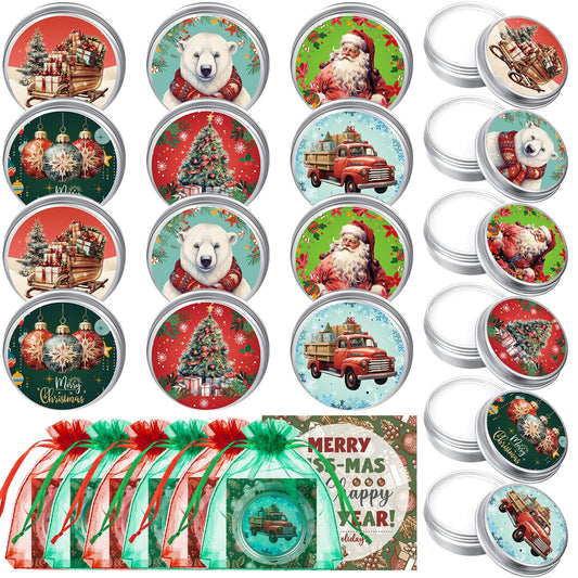 Heigble 24 Set Canned Christmas Lip Balms Set Round Honey Christmas Moisturizing Moisturizer Lip Care Balm Party Favors with Bag Card for Xmas Holiday Stocking Stuffers Employee Appreciation Gifts