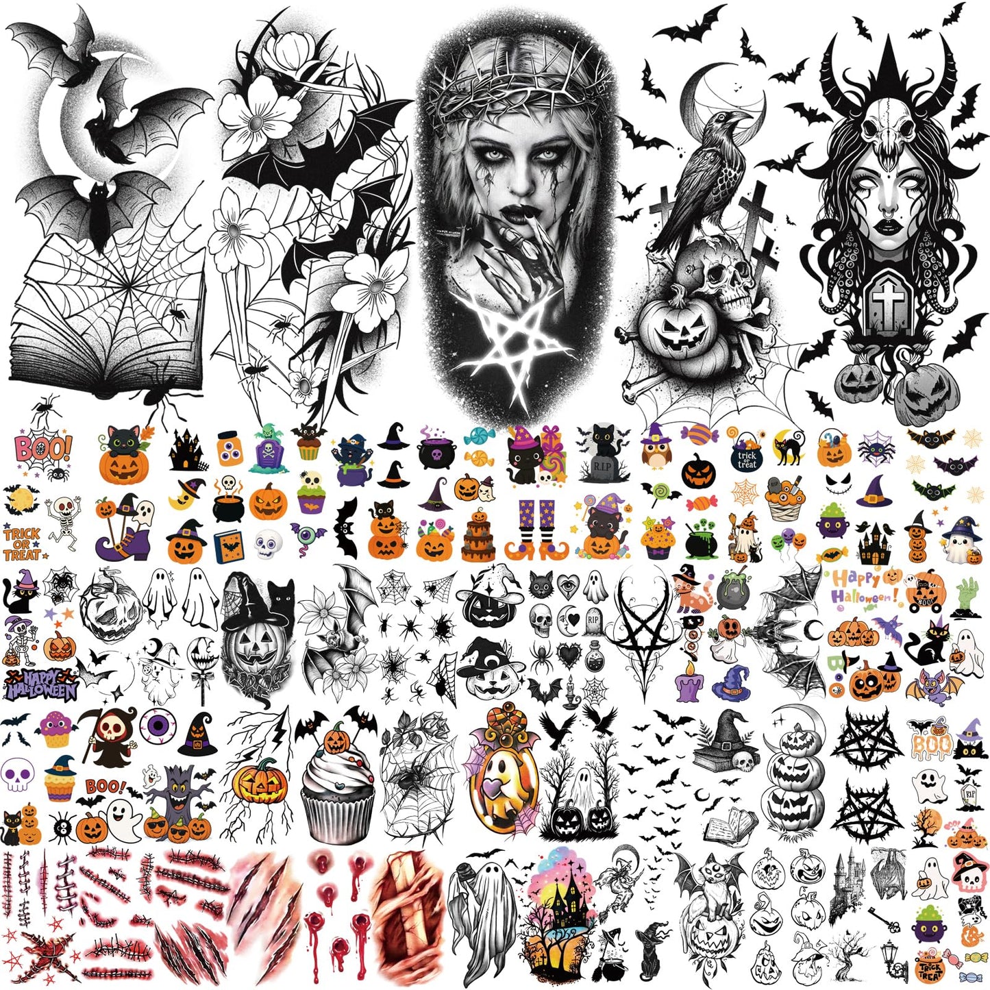 77 PCS Halloween Temporary Tattoos Adult Kids, 17 PCS Half Sleeve Pumpkin Bat Crow Witch Skull Fake Tattoos, 60 PCS Spider Cat Ghost Scar Tiny Realistic Face Body Tattoos Stickers