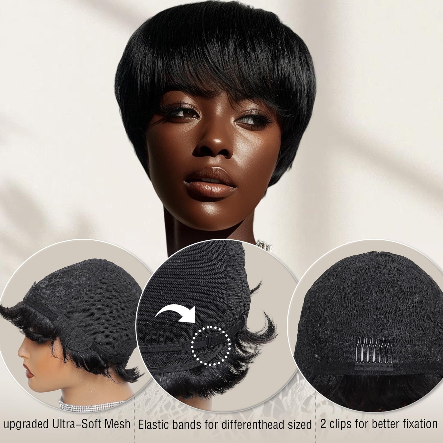 beauty proya Pixie Cut Human Hair Wigs for Black Women Short Layered Pixie Wigs with Bangs Natural Black 4" Brazilian Virgin Straight 100% Human Hair Wear and Go