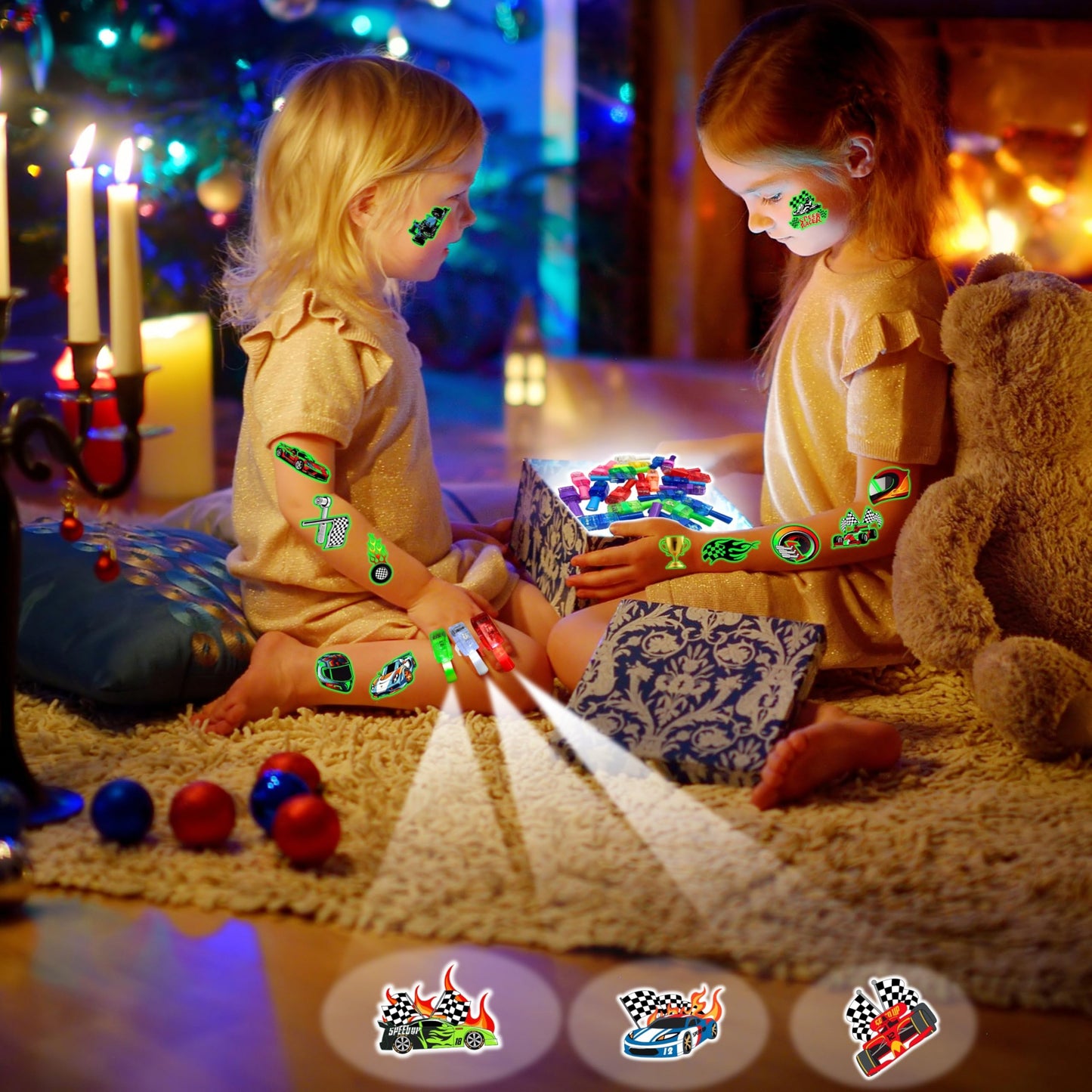 72 PCS Race Car Party Favors – 48 PCS Tattoos & 24 PCS LED Finger Lights Combo – Birthday Goodie Bag Fillers, Party Supplies, Gifts Light Up Toys Glow In The Dark for Boys and Girls