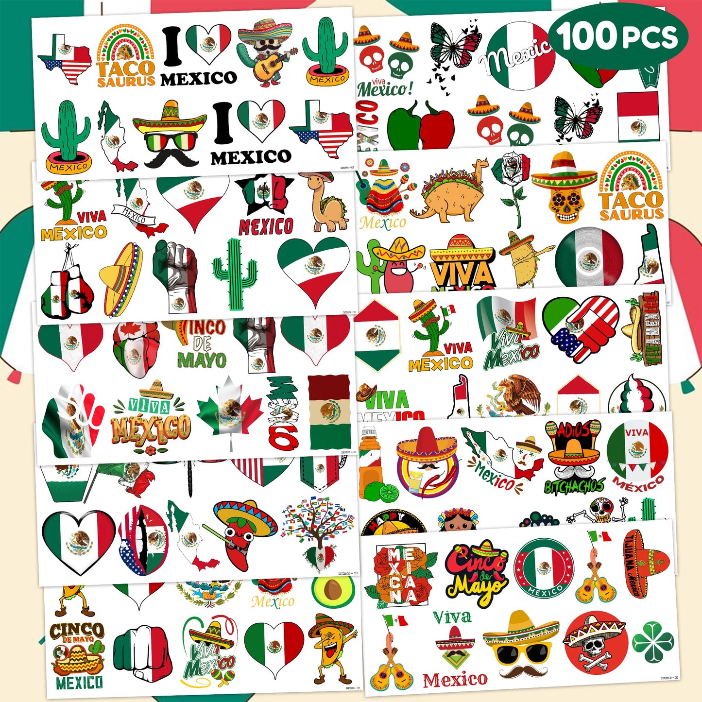 Mexico Independence Day Temporary Tattoos - 100 Pcs (10 Sheets) Viva Mexican Themed Fake Tattoos for Kids & Adults, Party Favors & Decorations