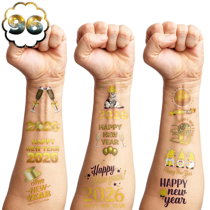 New Year 2026 Temporary Tattoos - 96PCS Gold Party Favors, Countdown Celebration Supplies | Holiday Accessories for Kids & Adults