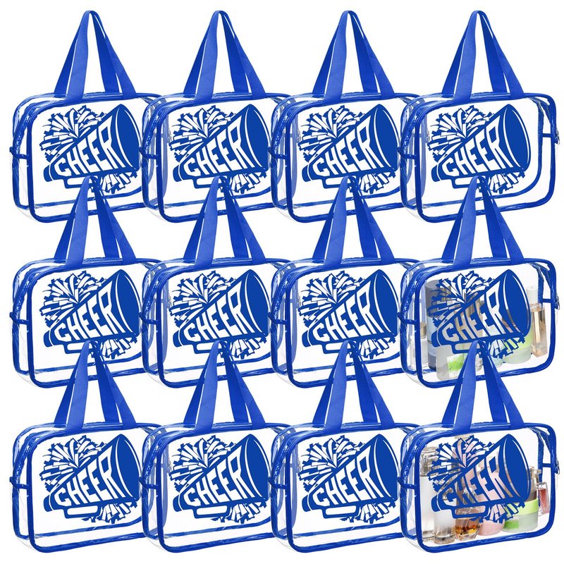 Kacctyen 12 Pcs Cheer Large Clear Toiletry Cosmetic Makeup Bag with Zipper and Handle Cheer Snack Bag Bulk for Team 12 x 9 x 4 Gift Bags Tote Pouch Cheerleading Teammates Party Supplies(Blue)