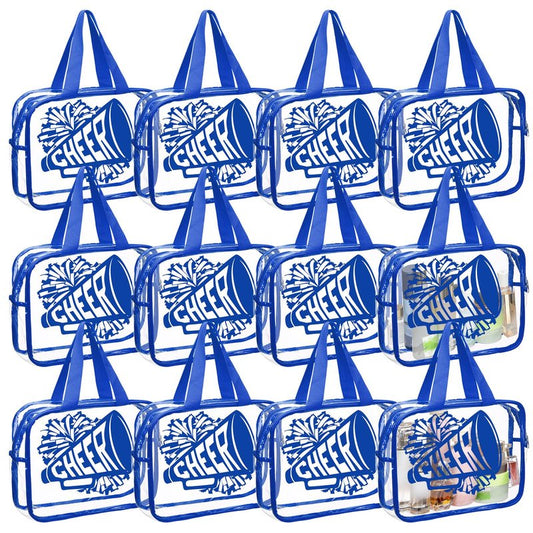 Kacctyen 12 Pcs Cheer Large Clear Toiletry Cosmetic Makeup Bag with Zipper and Handle Cheer Snack Bag Bulk for Team 12 x 9 x 4 Gift Bags Tote Pouch Cheerleading Teammates Party Supplies(Blue)