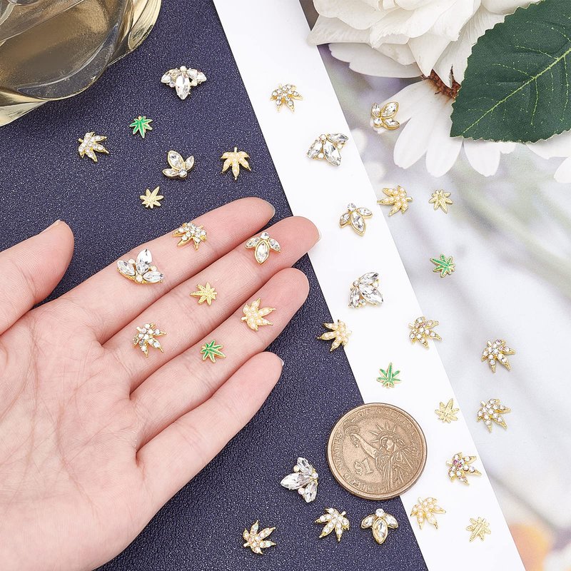 arricraft 35 Pcs 7 Styles Alloy Rhinestone Nail, Maple Leaf Shape Nail Art Rhinestone Studs Alloy Crystal Charms for Nails Art Decoration Supplies