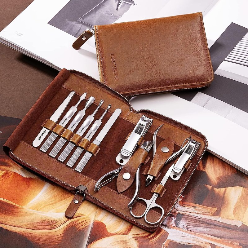 Professional Manicure Set - 11-Piece Stainless Steel Nail Clippers & Pedicure Tools | Portable Brown Leather Travel Case for Men