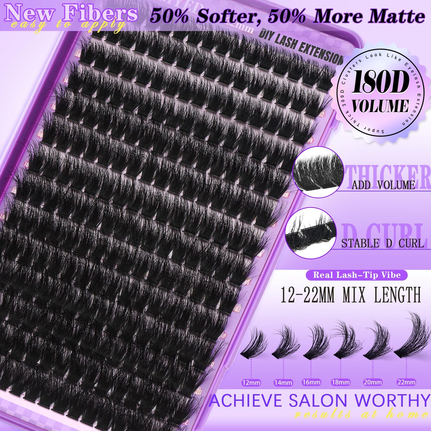 Thick Lash Clusters 180D Mega Volume Lash Extension 12-22mm Long Cluster Eyelashes Volume Individual Lashes D-Curly Faux Mink Eyelash Extension DIY Lash Extension for Beginners by FOINEMYED