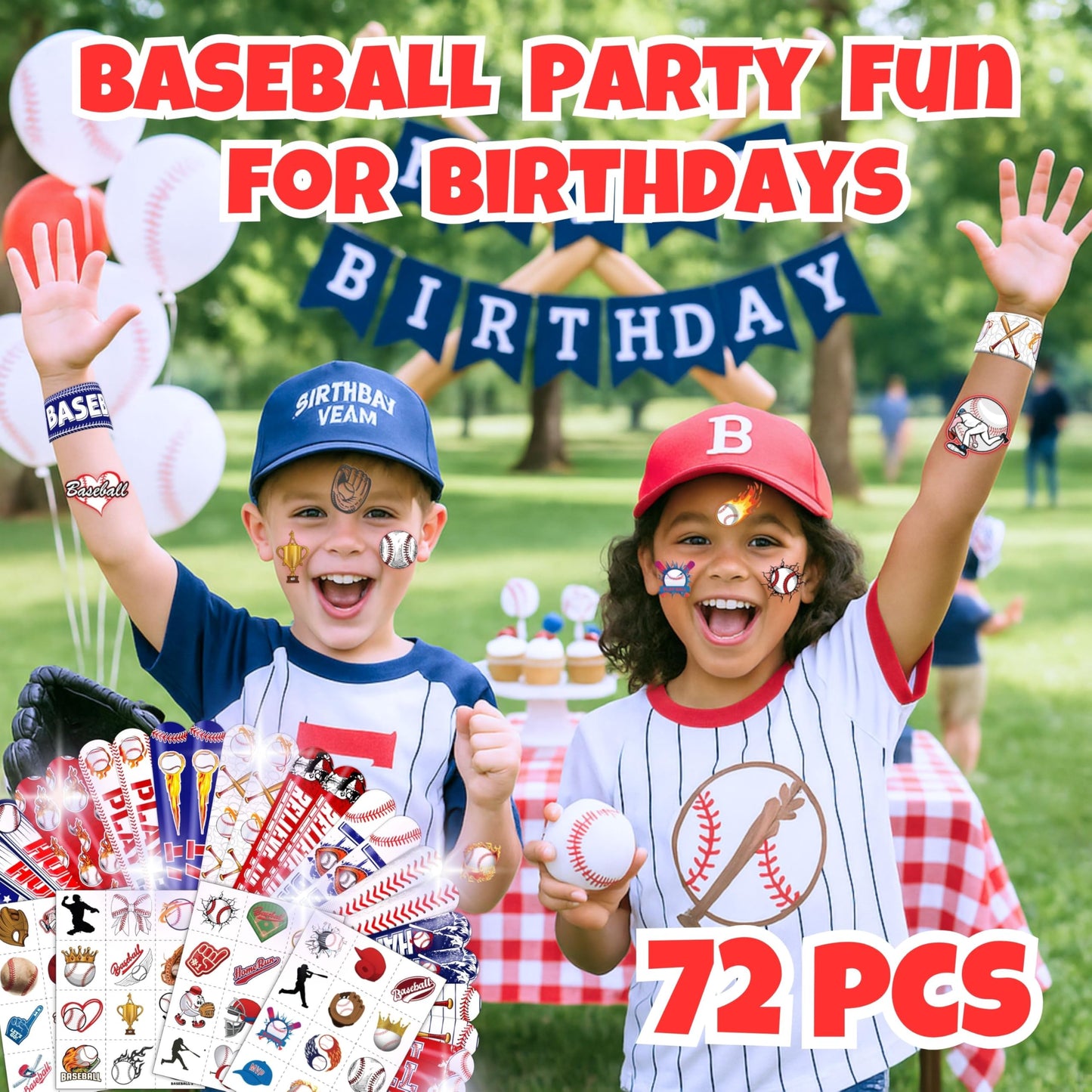 72PCS Baseball Party Set - 48PCS Temporary Pre - Cut Tattoos & 24PCS Slap Bracelets - Fun Sports-Themed Birthday Supplies, Baby Shower Gifts, Classroom Rewards & Party Decor for Kids (Boys & Girls)
