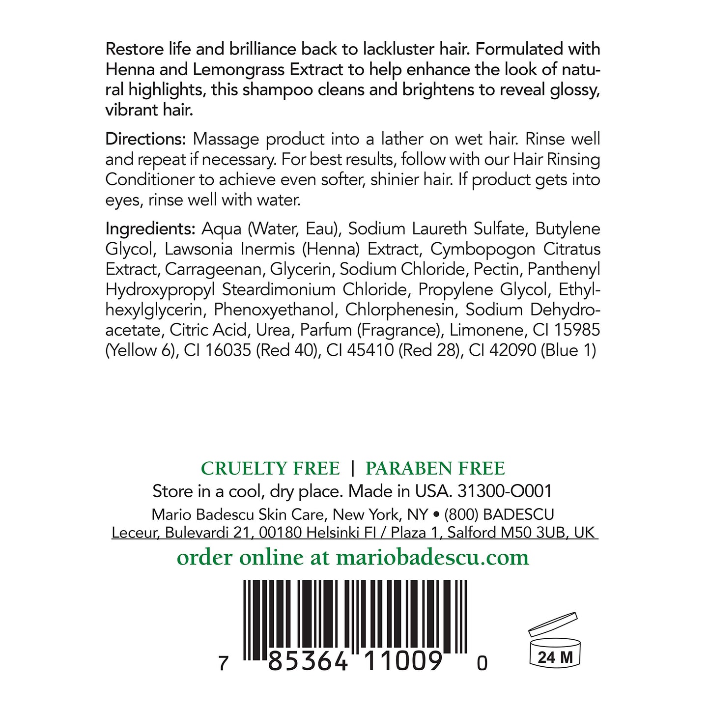 Mario Badescu Henna & Seamollient Hair Shampoo for Men & Women - Moisturizing Shampoo with Seaweed, Glycerin and Lemongrass Extracts - Adds Volume and Enhances Hair Tone & Natural Highlights, 16 Fl Oz