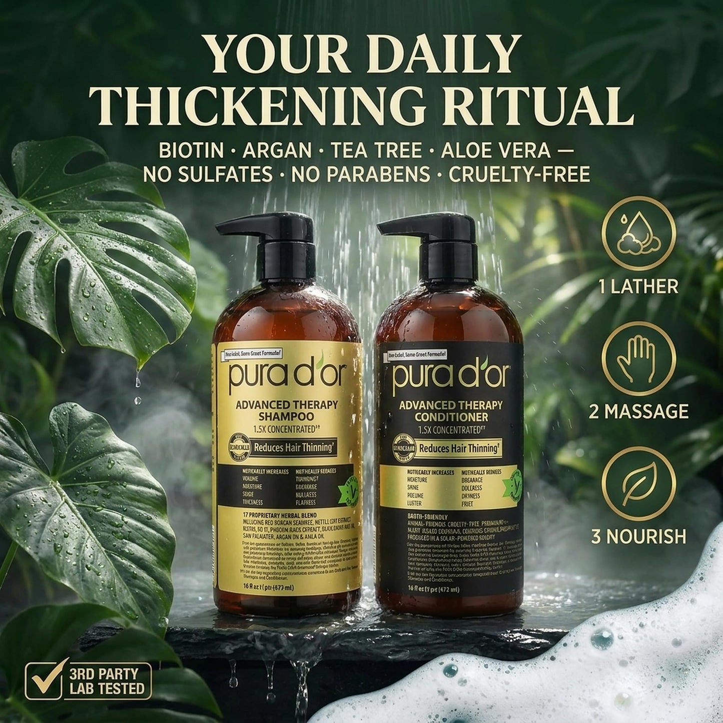 PURA D'OR Advanced Therapy Biotin Shampoo & Hair Regrowth Conditioner Set For Hair Thinning, CLINICALLY TESTED Effective Thickening Results, For Women & Men, Invigorating Forest Scent, 16oz x2