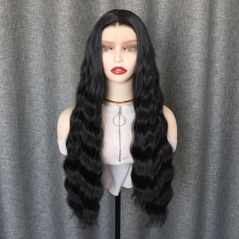 WXHWCX Long Black Middle Part Wavy Wig For Women Heat Resistant Fiber Hair Synthetic Lace Front Wigs Daily Party Use Wigs