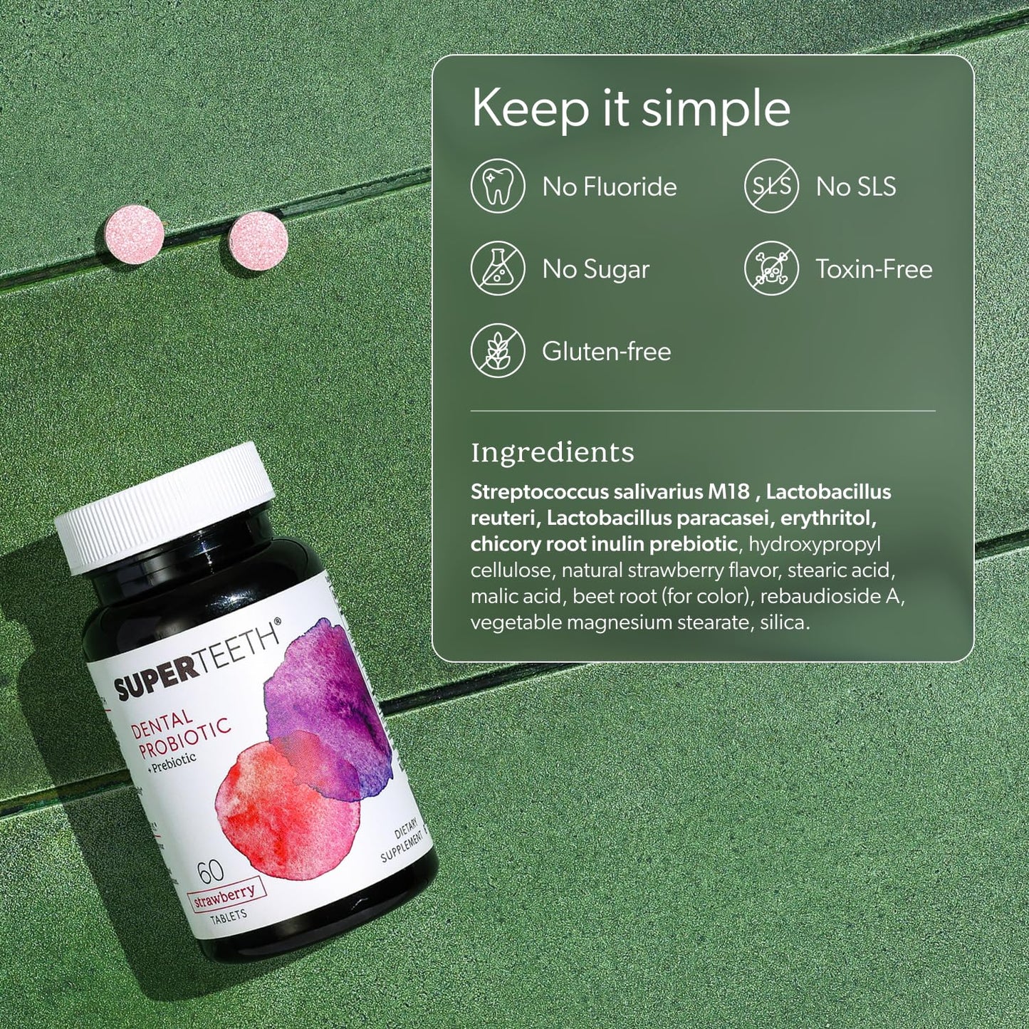 SuperTeeth Oral Probiotics for Mouth Bad Breath & Cavities, Oral Defense Dental Probiotic to Support Healthy Teeth & Gums, Lactobacillus Reuteri Chewable for Kids & Adults, 60 Strawberry Tablets