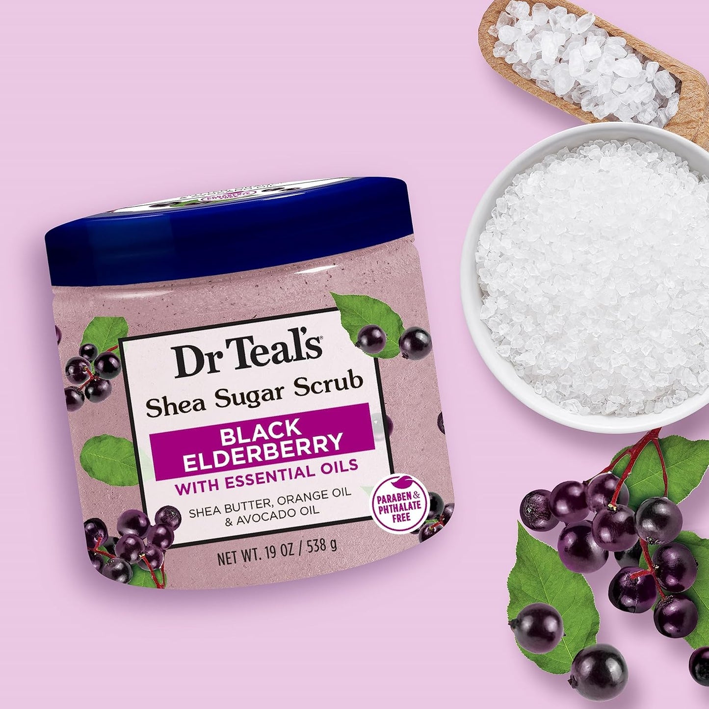 Dr Teal's Shea Sugar Body Scrub - Black Elderberry & Essential Oils | 19 oz (Pack of 3)