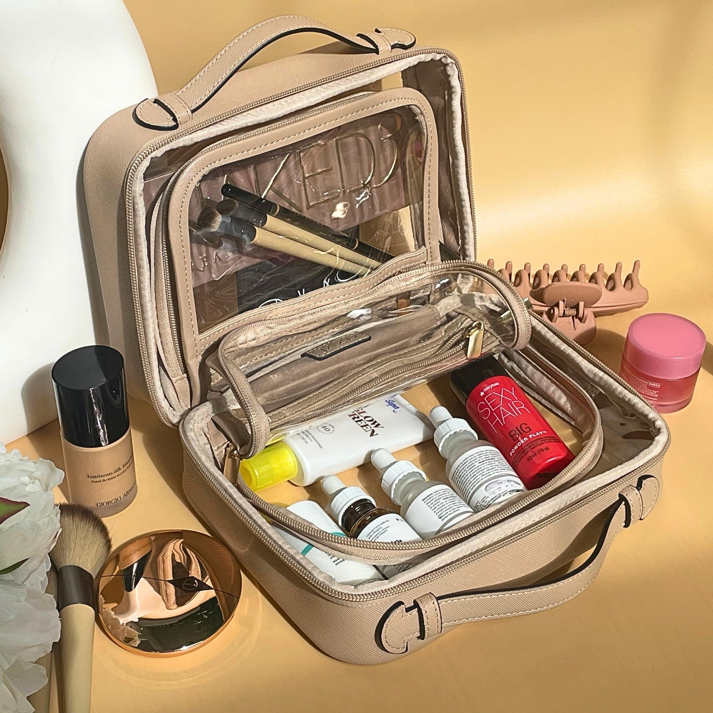 JAZD Clear Makeup Bag Toiletry Bag for Women Cosmetic Case Large Capacity Travel Make Up Bag Organizer Transparent Storage Compartment TSA Approved (BEIGE)