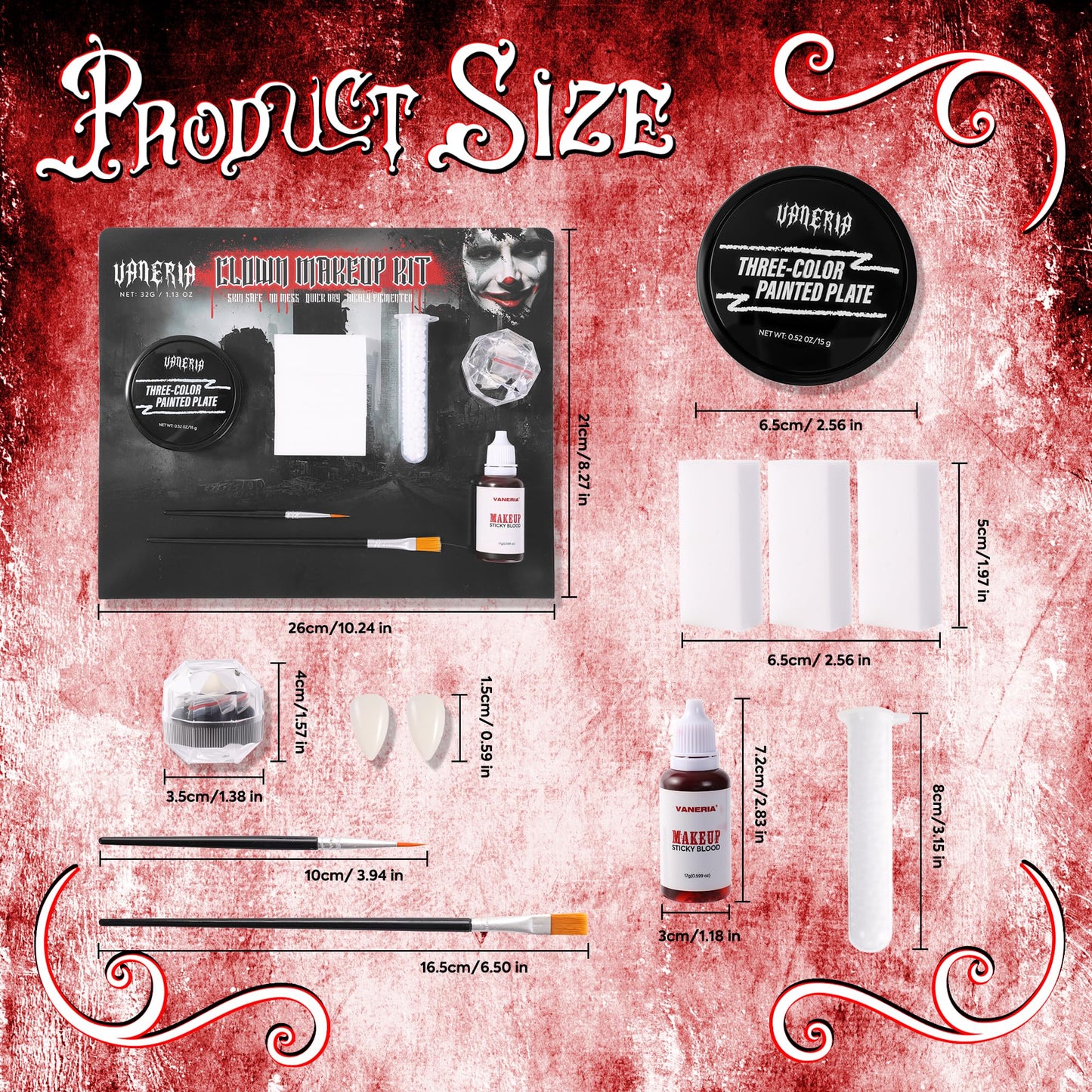 VANERIA Clown Makeup Halloween, Black White Red Cream Face Body Paint for Halloween, SFX Makeup Set with Vampire Teeth & Fake Blood, Clown Art Theater With Brushes