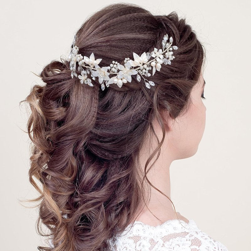 Oriamour Bridal Headband - Flower Design with Genuine Freshwater Pearls & Ribbons | Silver Hair Accessory for Weddings
