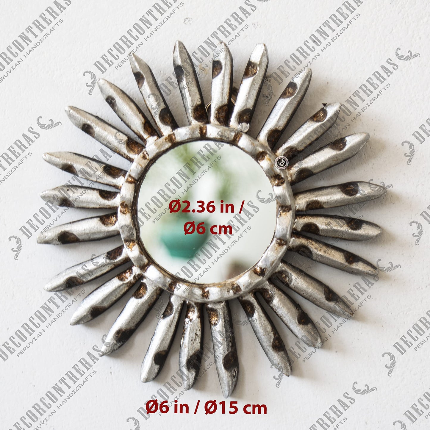 DecorContreras Small Sunburst Mirror with Silver Leaf Finish - Peruvian Carved Wood Round Mirror for Wall Art - Unique Gift for Her or Home (Silver)