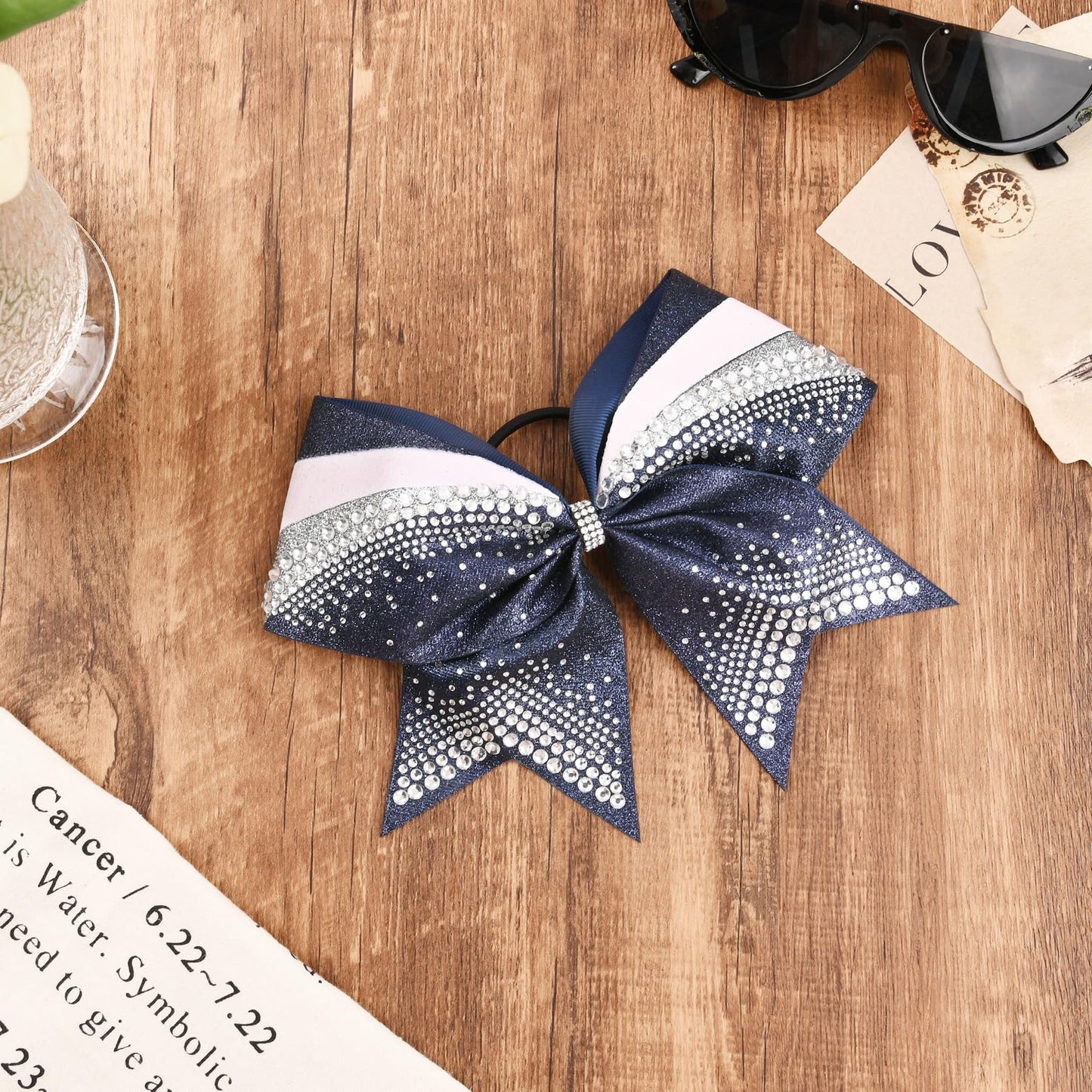 DEEKA 6 PCS 7" Large Glitter Cheer Bows with Shiny Rhinestones Three Color Stiff Hair Bows Elastic Band Ponytail Holder for for Cheerleaders Softball Girls Sports -Navy/Silver/White