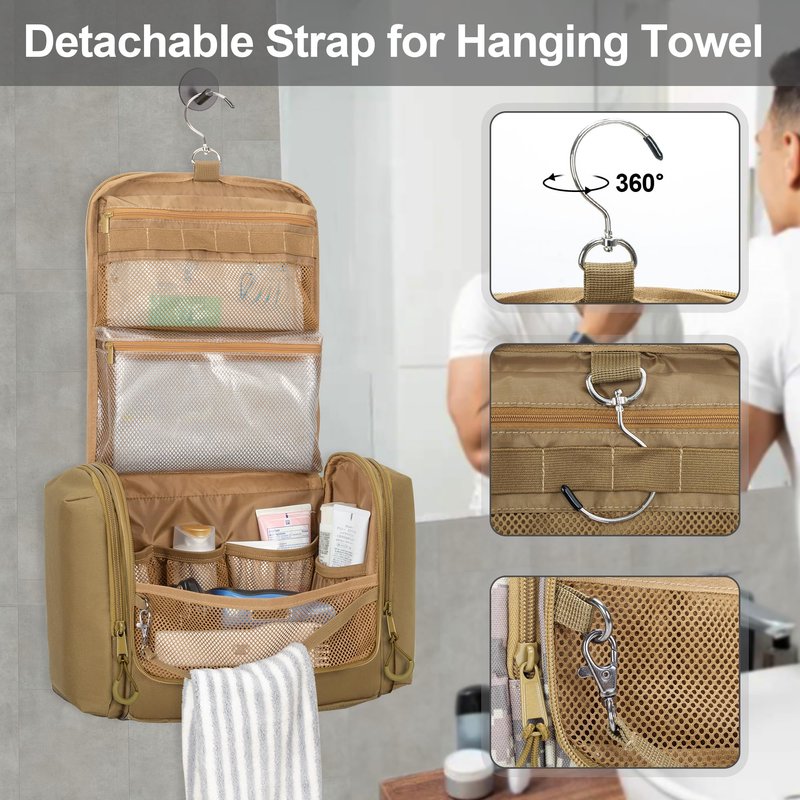 Prokva Tactical Toiletry Travel Bag for Men, Hanging Dopp Kit Hygiene Bag Shower Organizer with Hook for Toiletries and Shaving Care, Khaki (Empty Bag)