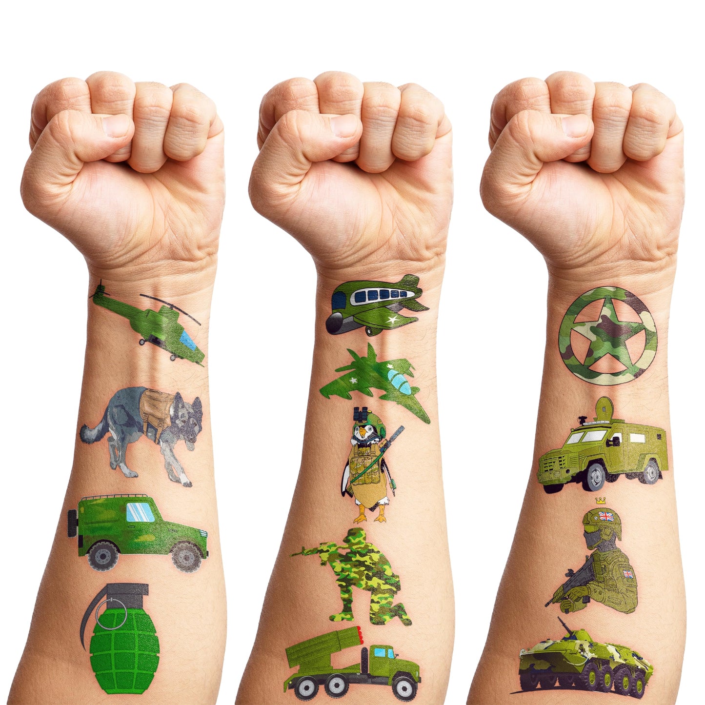 96 PCS Military Camouflage Temporary Tattoos Themed Army Birthday Party Decorations Supplies Favors Decor Camo Soldier Tank Helicopter Tattoo Stickers Gifts For Kids Adults Boys Girls Prizes Carnival