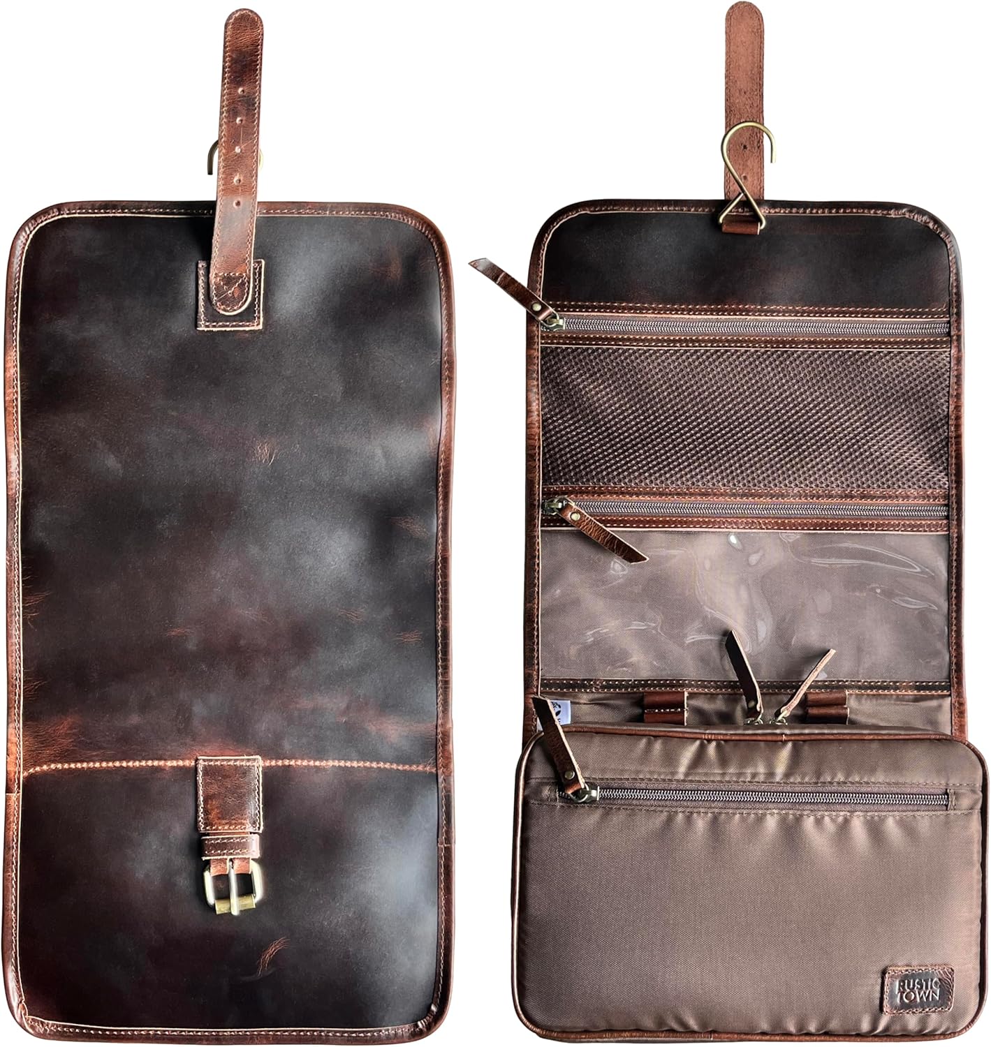 Leather Hanging Toiletry Bag for Men | Rustic Town Travel Dopp Kit & Organizer - Ideal for Shaving & Cosmetics
