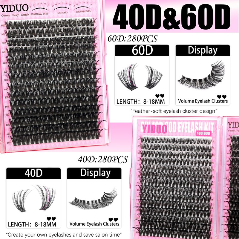 YIDUO Manga Lash Clusters Kit 40D+60D+80D+100 Fairy Spikes+Bottom Clusters Lashes Extensions Kit with 2X Bond and Seal 1094 Pcs 8-18mm Wispy Individual Eyelash Cluster Kit DIY at Home Easily