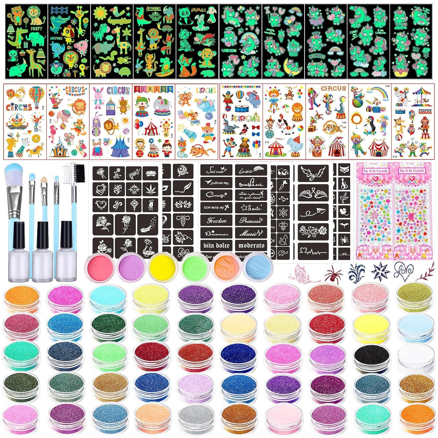 Kids Glitter Tattoo Kit - 50 Colors Glitter Powder, 132 Stencils & Glow-in-the-Dark Stickers | Fun Body & Face Makeup for Parties & Holidays