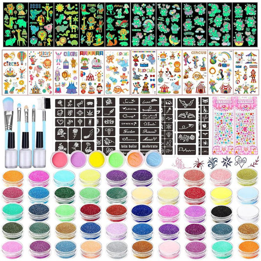 Kids Glitter Tattoo Kit - 50 Colors Glitter Powder, 132 Stencils & Glow-in-the-Dark Stickers | Fun Body & Face Makeup for Parties & Holidays