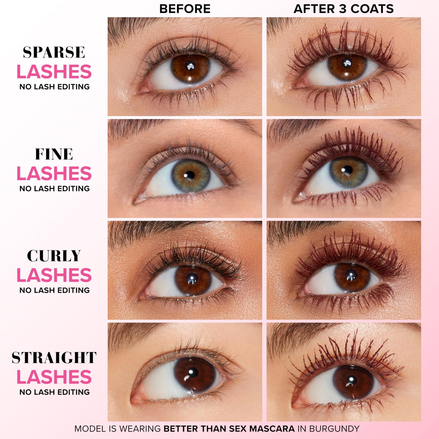 Too Faced Better Than Sex Volumizing and Lengthening Mascara | Vegan Formula for Dramatic Volume and Length | Cruelty-Free Eye Makeup with Hourglass Brush for False Lash Effect, Burgundy, 0.27 Fl Oz