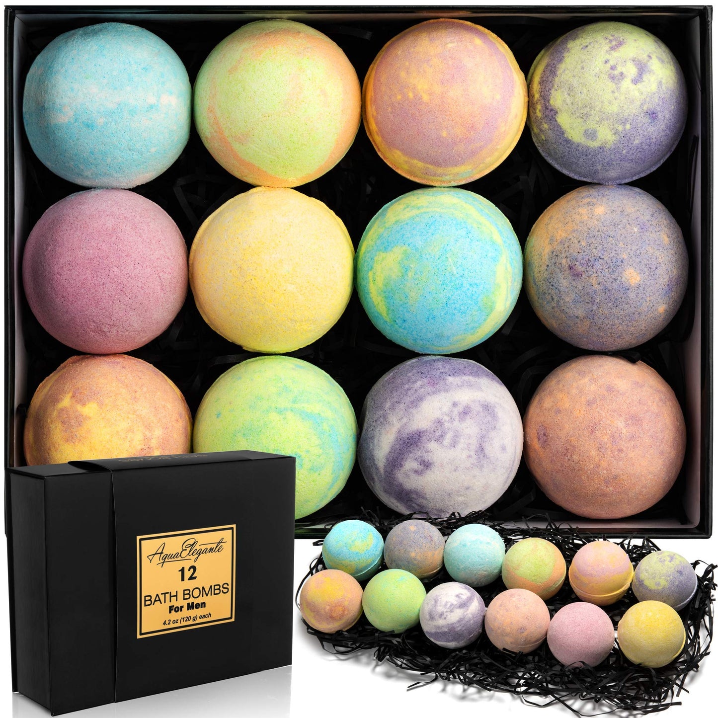 Aqua Elegante Luxury Bath Bombs for Men - Gift Set of 12 Large Bathbombs with Essential Oils, Shea Butter, Coconut Oil - No Stain, Natural, Vegan Moisturizing Spa Present for Dad, Husband, Boyfriend