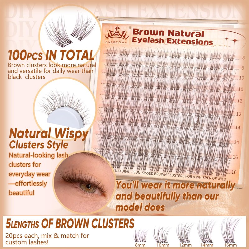 Brown Lash Clusters Natural Eyelash Clusters Wispy Individual Lash Extensions Brown Eyelash Extensions with Clear Bands Short DIY Eyelash Extensions at Home 100Pcs 8mm-16mm