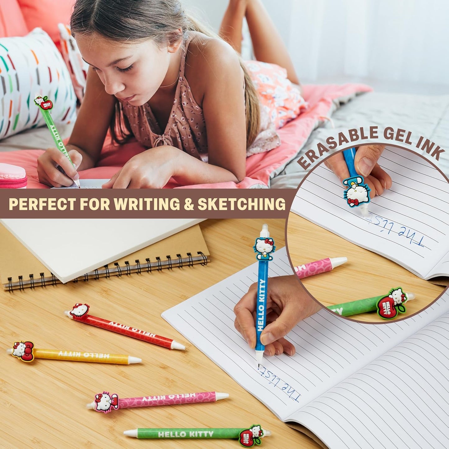 Hello Kitty Erasable Gel Ink Pens Set - 5 Cute Writing Pens for Kids | Kawaii Journaling Supplies